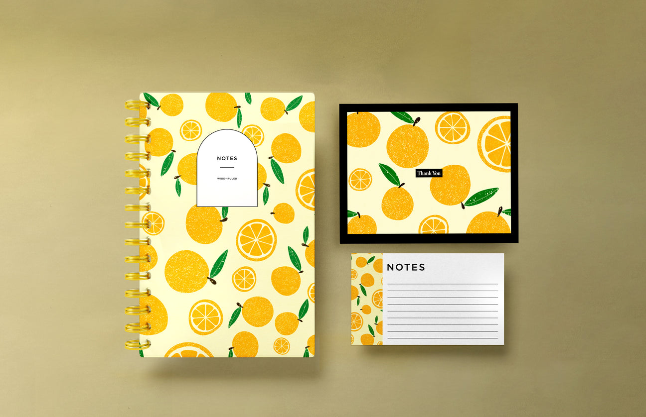 This gift set includes lemon notecards, an A5 hardcover spiral notebook with a blank interior, and a matching set of thank you cards. The cohesive design ties all items together, making it a perfect gift for anyone who appreciates stylish and coordinated stationery