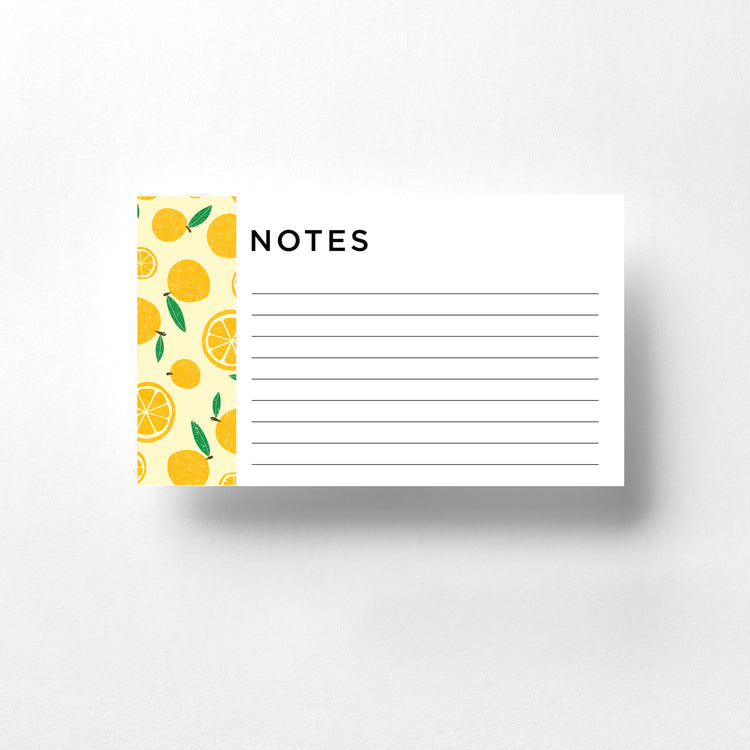 These notecards showcase a tasteful lemon design with a subtle lemon-patterned background. The bright yellow lemons add a fresh and lively touch, making them ideal for various occasions. Whether you're jotting down notes, writing reminders, or sending a thoughtful message, these notecards bring a bit of sunny charm to your correspondence.